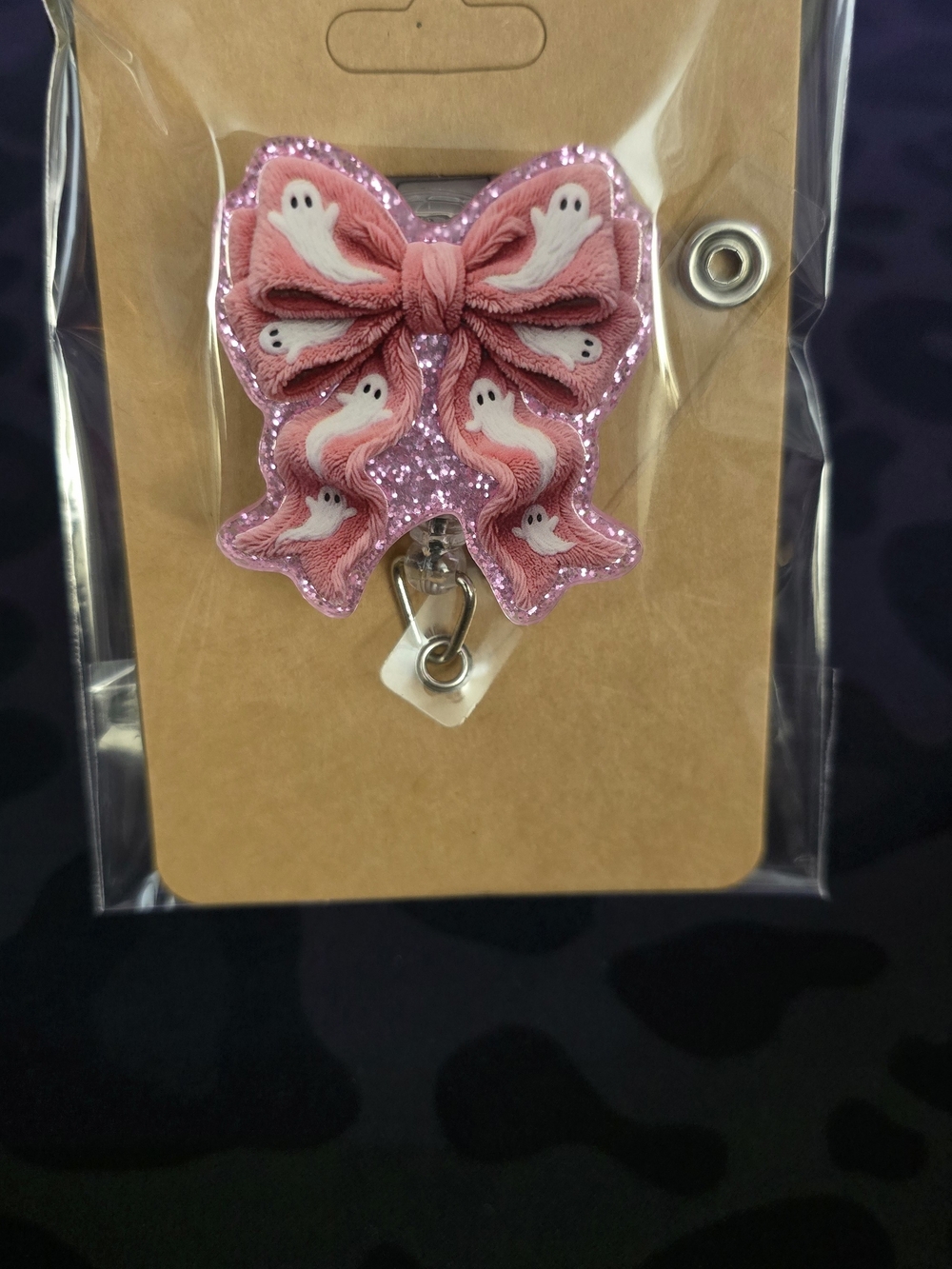 Pink Glitter Ghost Bow Novelty Badge Reel